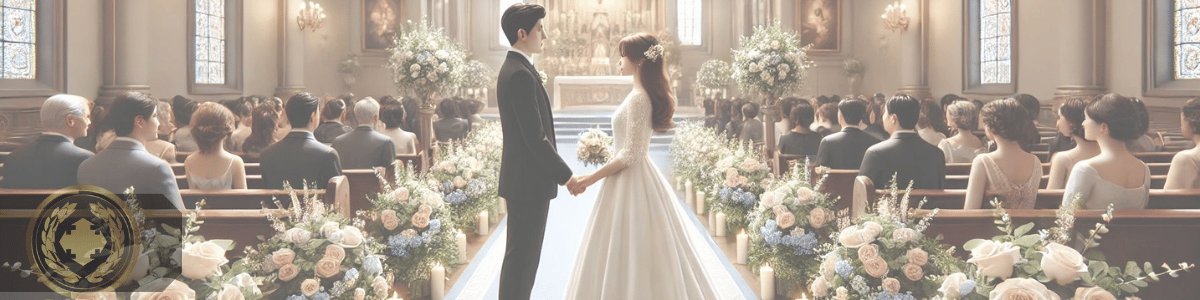um casal casando em uma igreja lotada de pessoas