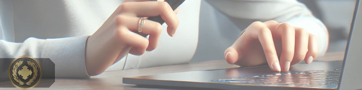 uma mulher com uma lupa em frente a um laptop