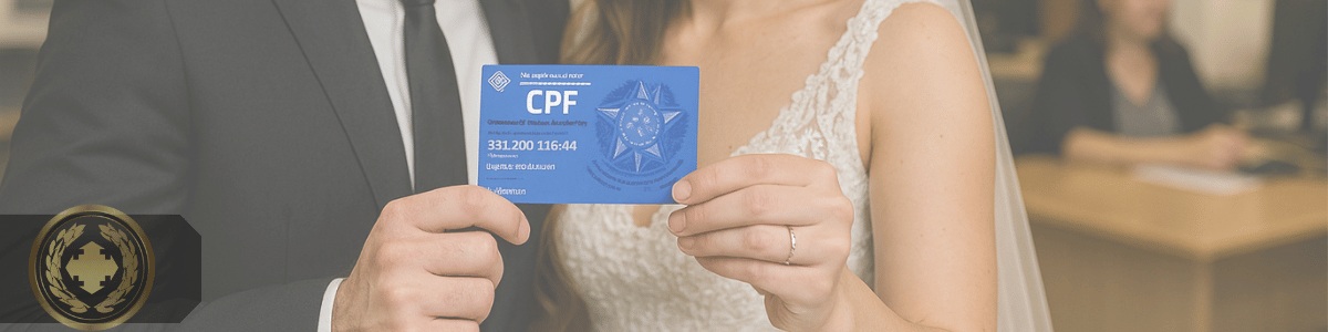 regularizar CPF após casamento Um casal recém-casado, sorridente, posa em um cartório enquanto segura um cartão do CPF em destaque, simbolizando a atualização de documentos após o casamento.