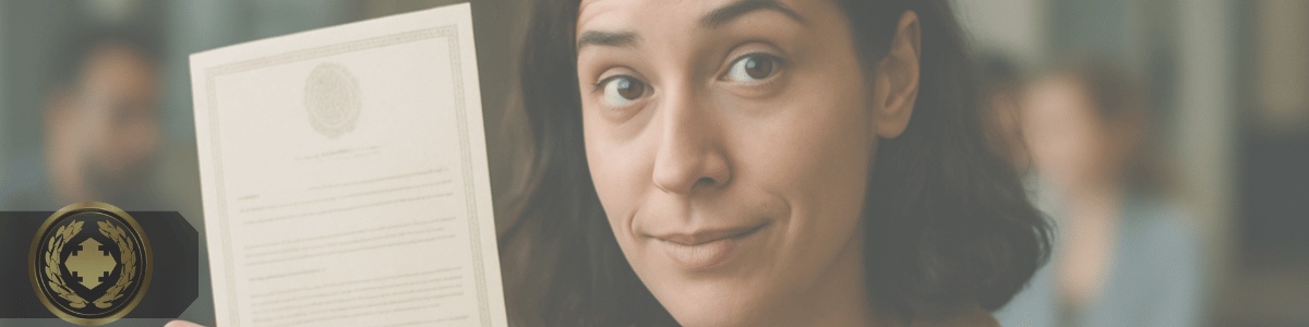 quanto custa certidão de casamento atualizada Uma mulher em ambiente institucional segura uma certidão com expressão curiosa, em plano médio e iluminação suave, transmitindo realismo e atenção aos detalhes.