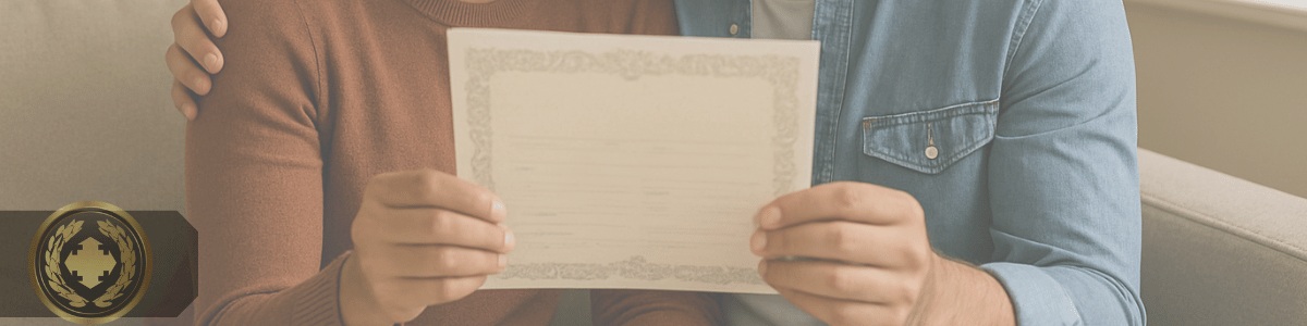 certidão de união estável substitui certidão de nascimento Casal sorridente sentado no sofá de casa, abraçado e olhando juntos para uma certidão de casamento que seguram com carinho.