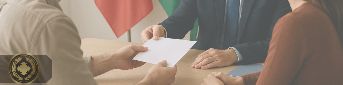 Um casal entrega documentos a um funcionário do consulado, com as bandeiras da Itália e do Brasil ao fundo