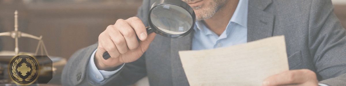 Um funcionário de cartório analisa atentamente dois documentos com o auxílio de uma lupa, em um ambiente interno institucional