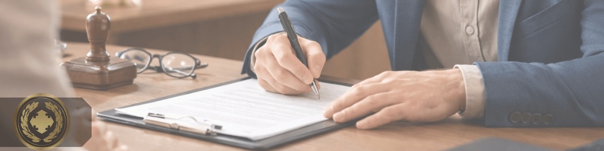 Pessoa assinando um documento em um ambiente de cartório, com expressão concentrada e postura profissional. A cena tem iluminação suave e natural, com fundo desfocado que remete a um espaço institucional, transmitindo seriedade e autenticidade.