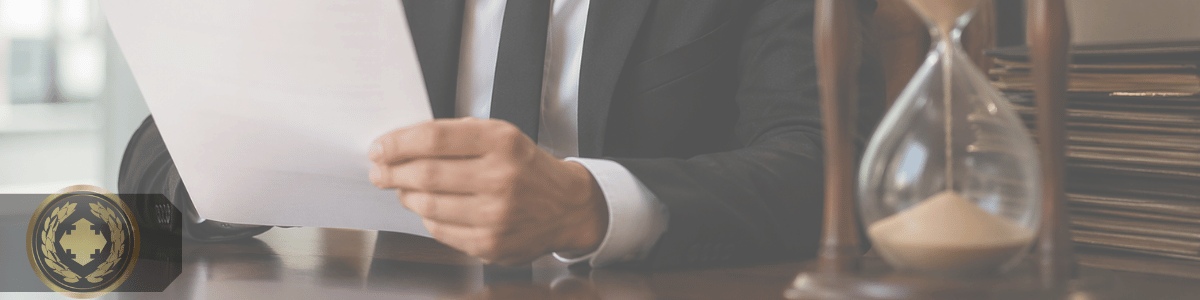 Um funcionário de cartório, vestido de forma formal, analisa atentamente um documento sobre a mesa, com expressão concentrada. Ao lado, em destaque, uma ampulheta quase vazia reforça a sensação de urgência, em um ambiente interno bem iluminado e com aspecto institucional.