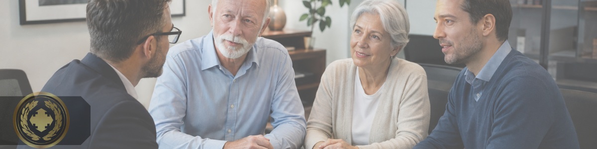 Uma pessoa adulta acompanha seus pais idosos durante uma conversa com um advogado em um escritório moderno, transmitindo confiança, orientação e apoio familiar